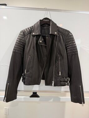 Women AllSaints Black Quilted-Shoulder Leather Biker Jacket